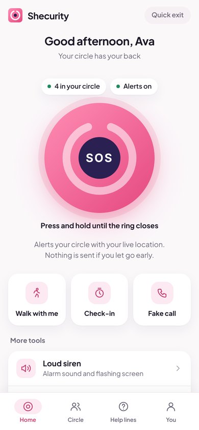 Shecurity home screen with the SOS button and your safety circle